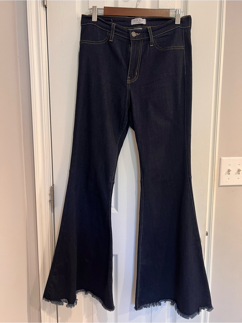 Judy Blue Stretch Retro Dark Indigo Wide Flared Fray Hem Jeans Style #8396 Sz 9